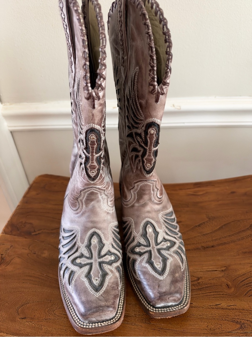 J.B. Dillon Metallic Taupe Lace-Up Embroidered Western Boots